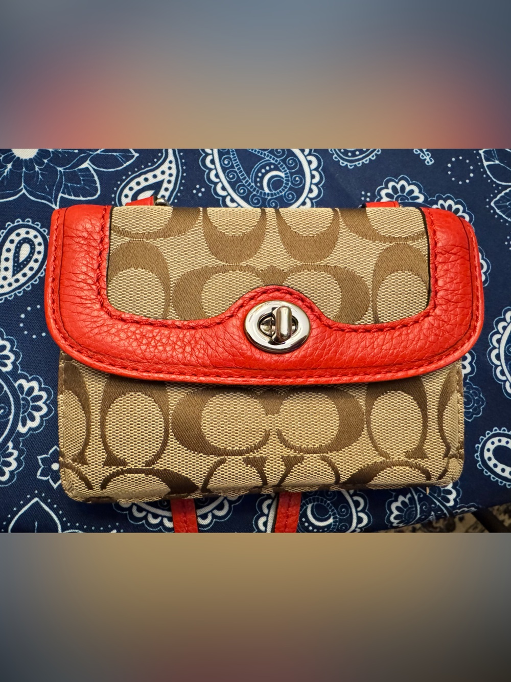 Coach Mini Signature Crossbody Wallet with Red Trim